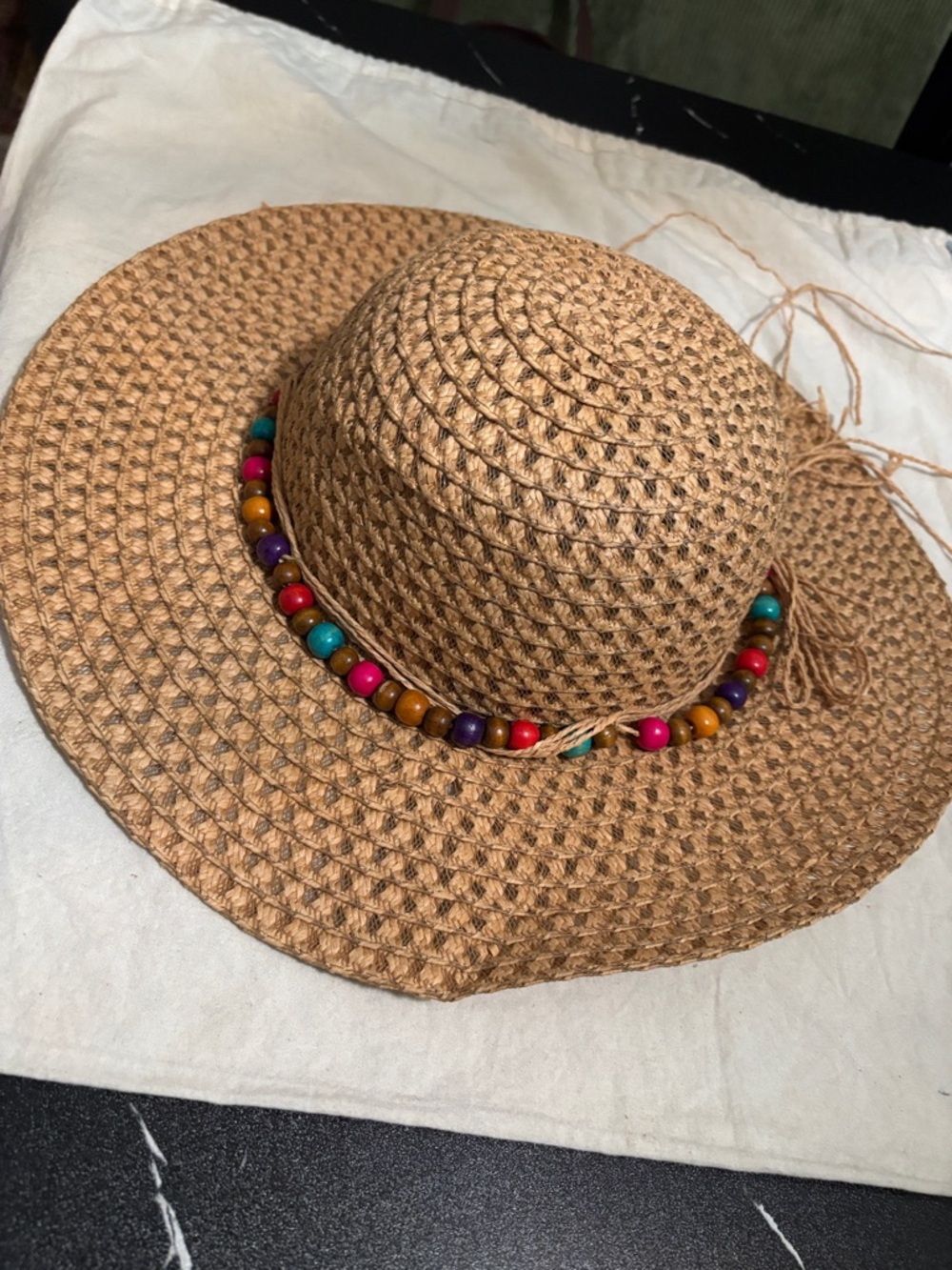 Source Unknown Tan Straw Sun Hat with Multicolor Bead Trim